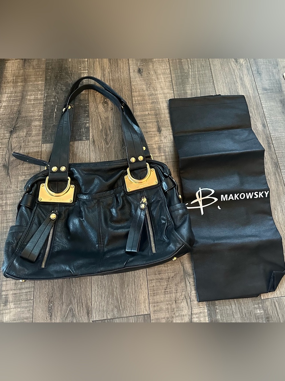 B Makowsky Black Soft Leather Shoulder Bag Gold Hardware Zippered Front Pockets